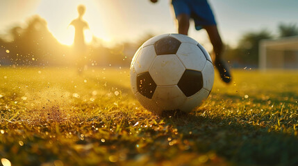 a toddler, child, children playing football on a sports field, grass and meadow on the football field, childhood with a football, sport and being a child, team sport action