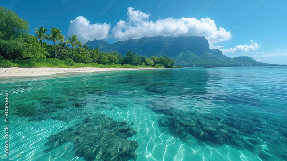 Poster a body of water with a beach in the background and a mountain in the distance with clouds in the sky