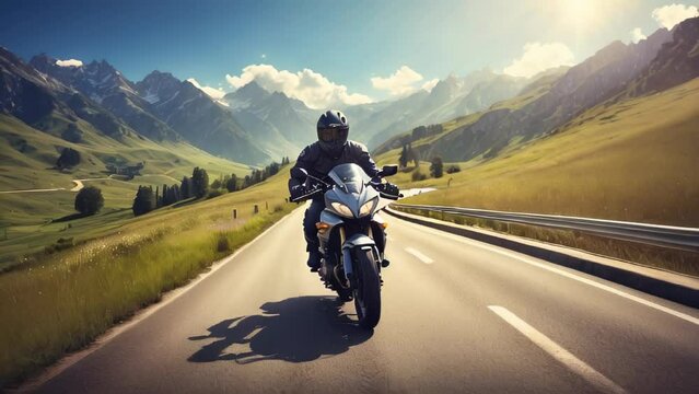 Motorcycle rider speeding on a beautiful mountain road