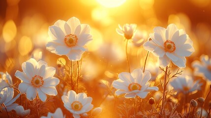 a field full of white flowers with the sun shining through the trees in the backgrounnd of the picture.