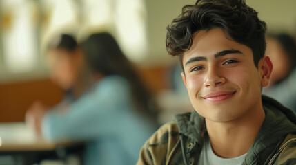 hispanic latino male student, young adult man or teenage boy, attractive slim, youthful appearance, young, university or school, education and fun and joy, good student, fictional location