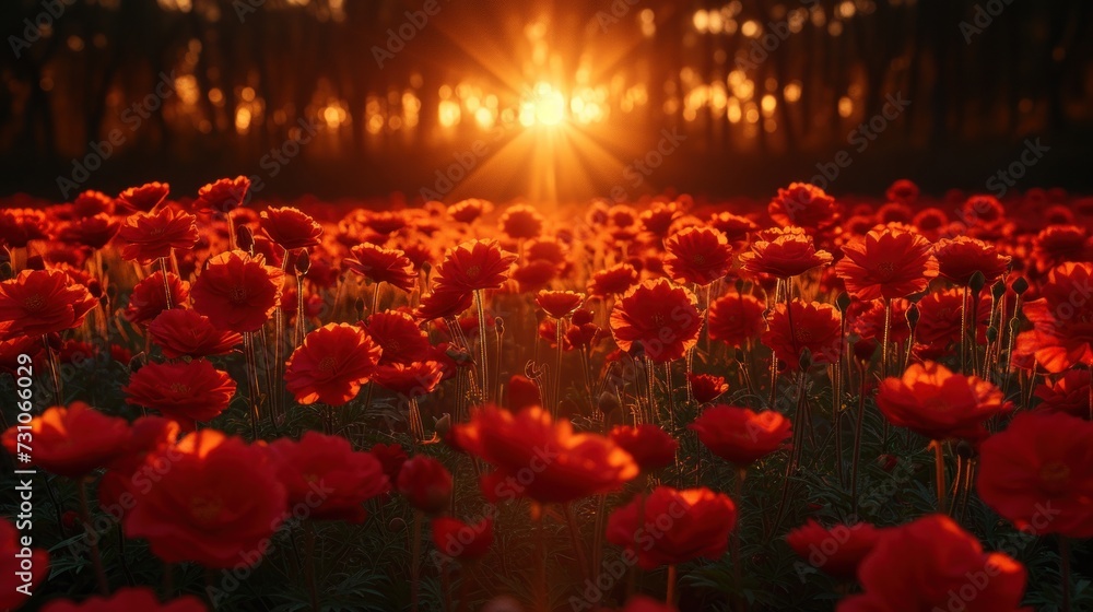 Poster a field full of red flowers with the sun shining through the trees in the middle of the field in the