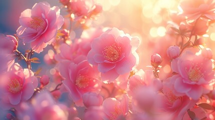 a bunch of pink flowers that are blooming in the sun shine brightly on a blue and pink background with boke of light.