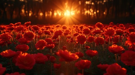 a field full of red flowers with the sun shining through the trees in the middle of the field in the background.