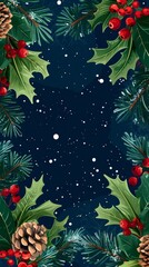 Naklejka na ściany i meble Christmas card: mistletoe, holly, pinecones, evergreen, berries, snowflakes on dark blue. Greeting or invitation template, watercolor art.