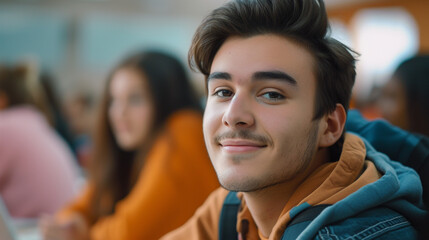 Obraz premium hispanic latino male student, young adult man or teenage boy, attractive slim, youthful appearance, young, university or school, education and fun and joy, good student, fictional location