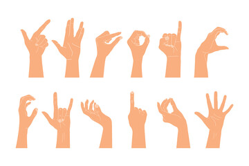 Set of raised human hands showing different gestures. Vector illustration of human hands