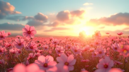 a field full of pink flowers with the sun setting in the middle of the sky in the middle of the day. - obrazy, fototapety, plakaty
