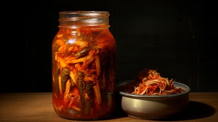 A glass jar holds homemade kimchi, showcasing the traditional Korean fermented dish, ready to be enjoyed.