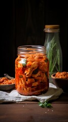 A glass jar holds homemade kimchi, showcasing the traditional Korean fermented dish, ready to be enjoyed.