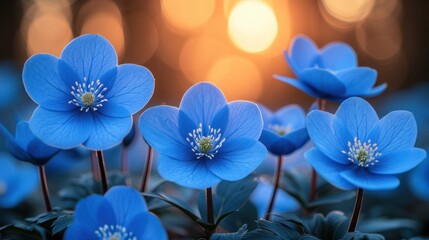 a group of blue flowers sitting next to each other on top of a bed of green leaves on a sunny day.