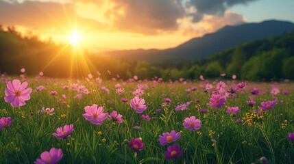 a field full of purple flowers with the sun setting in the sky in the middle of a field with mountains in the background.
