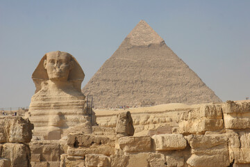 The Great Sphinx of Giza,  located in the pyramid complex near Cairo, Egypt. One of Seven Wonders of the World.