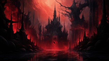 Abstract surreal gothic black and red castle in the underworld.