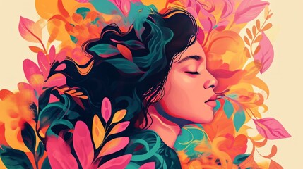 An illustration portrays a woman exuding positive mental health, capturing elements of resilience, confidence, and inner strength through artistry.