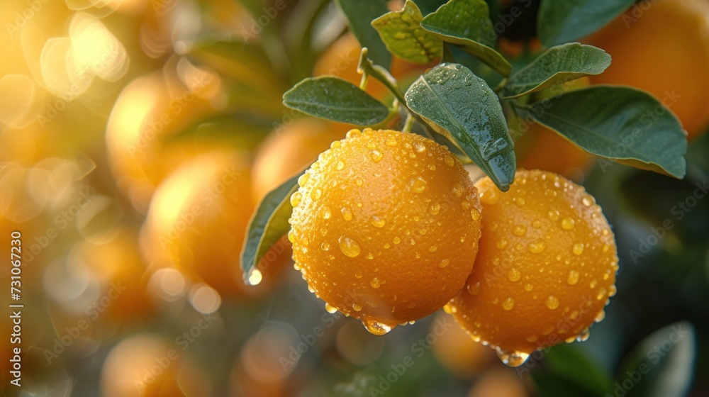 Poster a close up of two oranges on a tree with drops of water on the tops of the oranges.