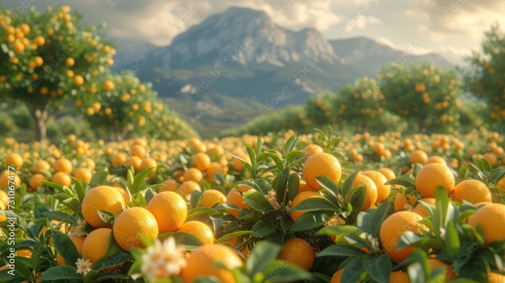Poster a field full of oranges with a mountain in the backgrouf of the picture in the background.
