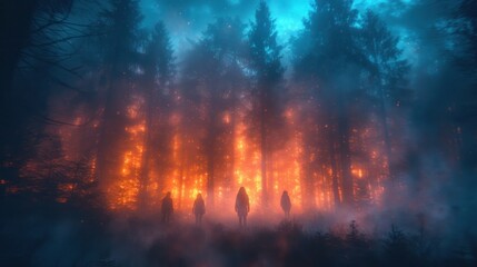 a group of people standing in the middle of a forest with a fire in the middle of the forest behind them.
