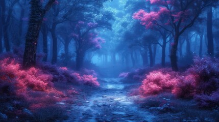 Obraz na płótnie Canvas a painting of a blue and pink forest with a path leading to a light at the end of the path.