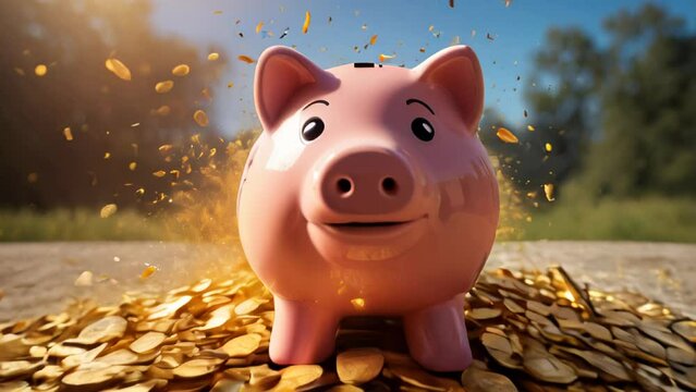Happy piggy bank exploding with gold coins