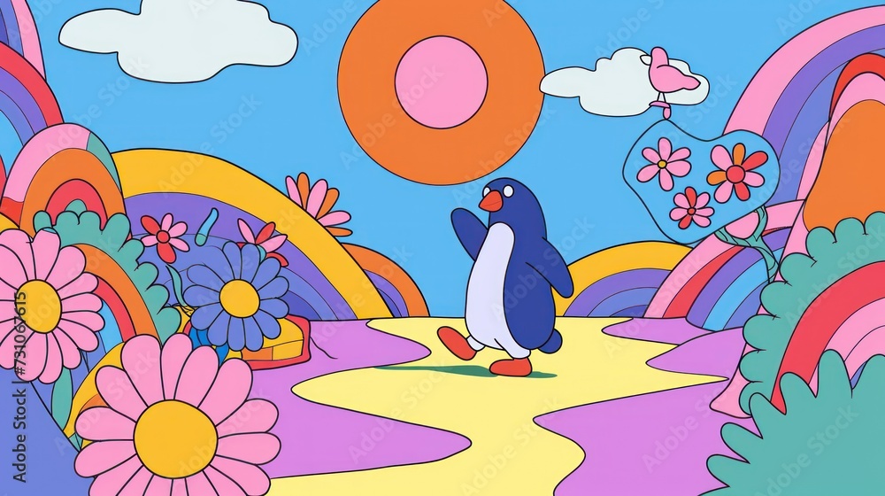 Poster a painting of a penguin walking on a path with flowers and a rainbow in the background with clouds a