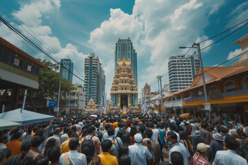 The grandeur and scale of the Thaipusam festival by capturing wide-angle shots of the procession and the surrounding crowds.