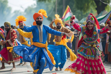 Energetic bhangra dance performed amidst Lohri festivals, showcasing colorful traditional clothing and exuberant expressions.