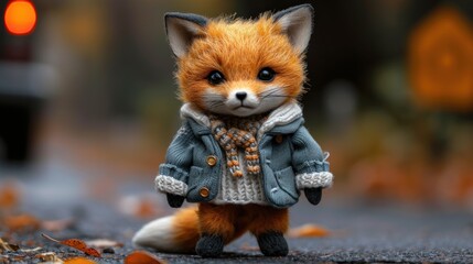 a close up of a small toy fox wearing a jacket and scarf on a street with a traffic light in the background. - obrazy, fototapety, plakaty