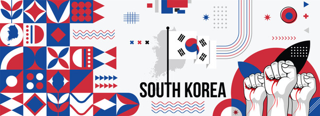 Obraz premium South Korea national or independence day banner for country celebration. Flag and map of South Korea with raised fists. Modern retro design with typorgaphy abstract geometric icons. 