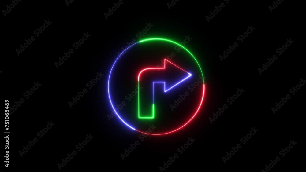 Poster neon glowing right turn arrow animation. abstract glowing neon arrow loading animation. animated neo