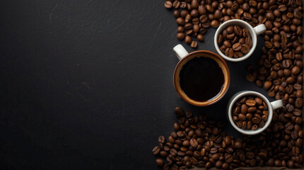 creative photo of a cup of coffee and coffee beans on a dark background, space for text, banner