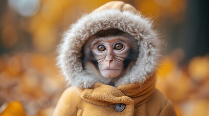 a monkey with a hood on it's head and a jacket over it's head is shown in front of a blurry background.