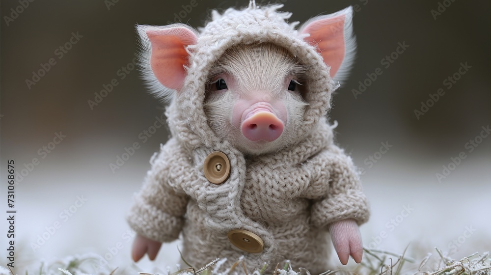Poster a small pig wearing a sweater and a button on it's ear is standing in a field of grass.