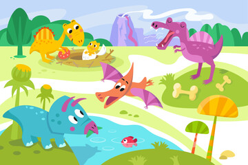 Fototapeta na wymiar Cute flat simple dinosaurs in Jurassic Park. Vector colour illustration. Cartoon scene for design. Prehistoric forest.