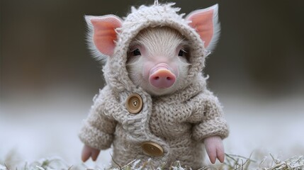 a small pig wearing a sweater and a button on it's ear is standing in a field of grass.