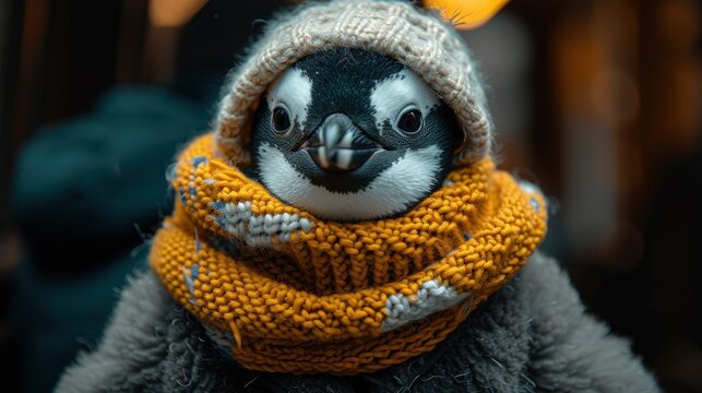 a close up of a stuffed penguin wearing a knitted scarf and a knitted scarf around it's neck.