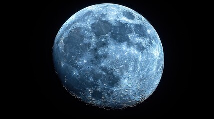 a close up of a large blue moon in the sky with stars on it's side and a black background.