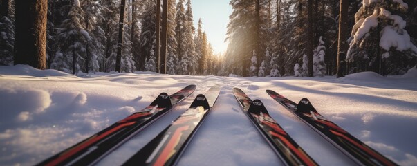 A low-angle image captures cross-country skis nestled in the Nordmarka forest area, situated amidst the hills of Oslo. - obrazy, fototapety, plakaty