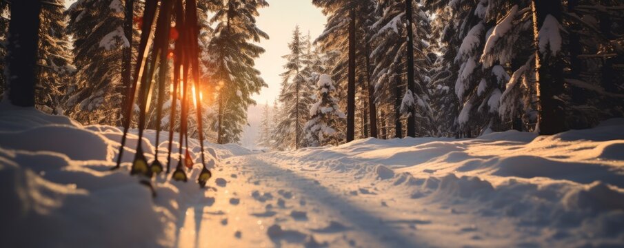 A low-angle image captures cross-country skis nestled in the Nordmarka forest area, situated amidst the hills of Oslo.