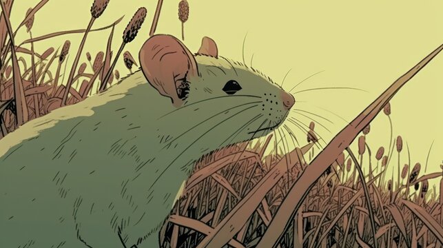 a mouse sitting in the middle of a field of tall grass, with its mouth open and it's eyes wide open.