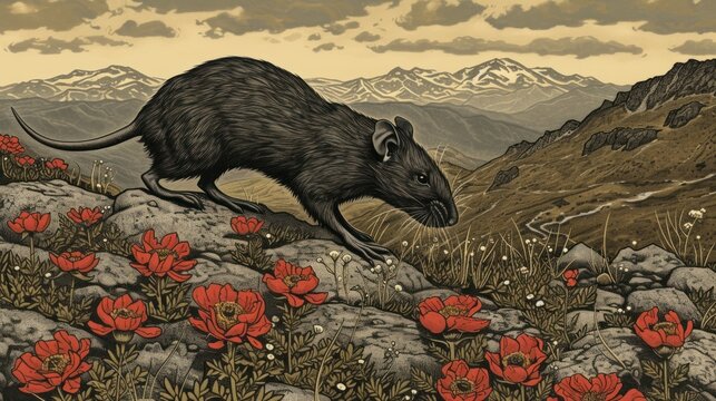 a painting of a rat on a rocky hillside with red flowers in the foreground and mountains in the background.