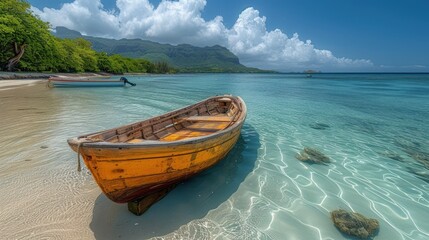 a boat sitting on top of a sandy beach next to a lush green forest covered mountain under a blue sky.