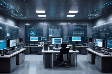 Room with computers and screens, cybersecurity background, control room, data management center