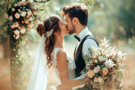 Happy beautiful bride and handsome groom celebrate outdoor wedding. Perfect romantic wedding ceremony. Happy married couple. Happy wedding photography.