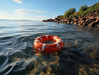 Obraz premium Life preserver gently floats amidst the rocky shores, serving as beacon of safety amidst the unpredictable waters.
