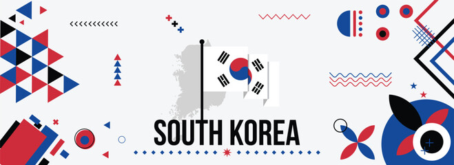 Fototapeta premium South Korea national or independence day banner for country celebration. Flag and map of South Korea with raised fists. Modern retro design with typorgaphy abstract geometric icons. 