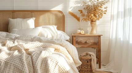 Cozy beige bedroom interior with bed headboard, linen bedding, and natural decorations