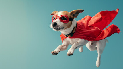 A cute young little dog or puppy, is a superhero with a red superhero cape and wearing a mask as a mask as a superhero costume, pet as a hero, flying or jumping, paw and cute baby dog face