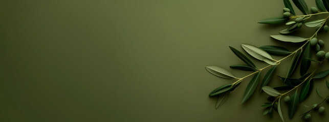 Fototapeta premium Olive branch with ripe olives, set against a green background with copy space.