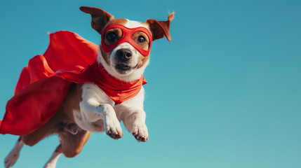 A cute young little dog or puppy, is a superhero with a red superhero cape and wearing a mask as a mask as a superhero costume, pet as a hero, flying or jumping, paw and cute baby dog face - obrazy, fototapety, plakaty